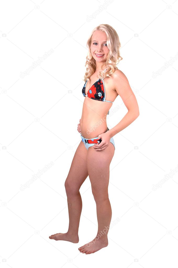 Beautiful young teen girl with pretty blonde hair and bikini. Stock Photo