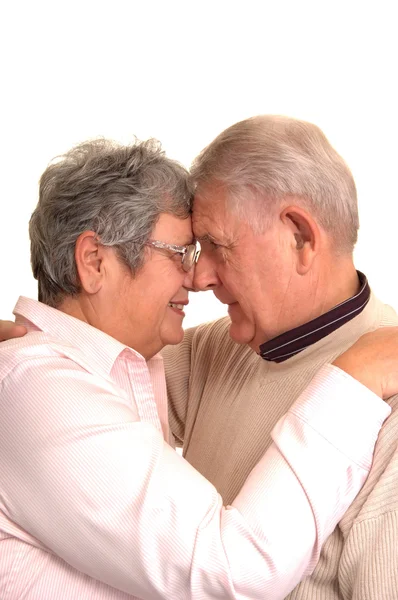 Senior Couple Ampraising Each Other Forehead Together White Background — Stock Photo, Image