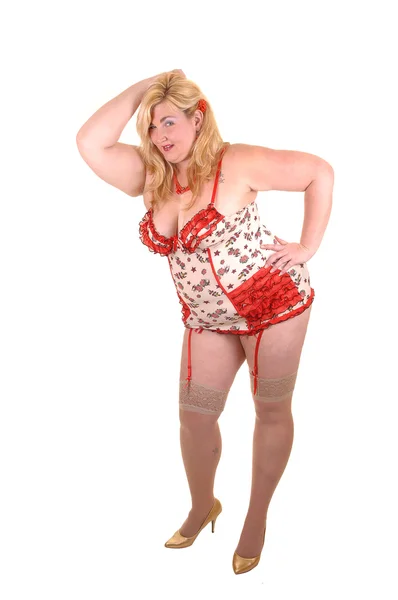 Big Overweight Woman Standing Beige Lingerie Stockings Studio White Background — Stock Photo, Image