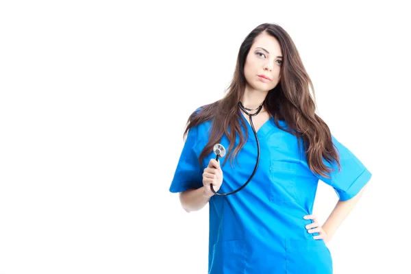 Ευτυχής χαριτωμένο νοσοκόμα με μπλε στολή — Φωτογραφία Αρχείου