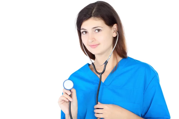 Gelukkig schattig verpleegster in blauwe uniform — Stockfoto