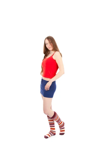 Kvinna ben i strip strumpa — Stockfoto