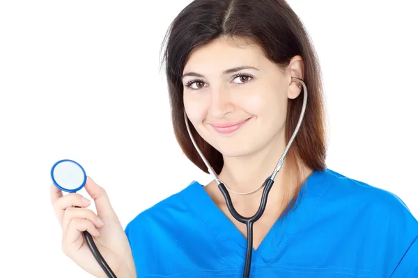 Glücklich süße Krankenschwester in blauer Uniform — Stockfoto