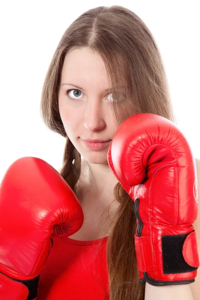 Vrouw dragen van bokshandschoenen — Stockfoto