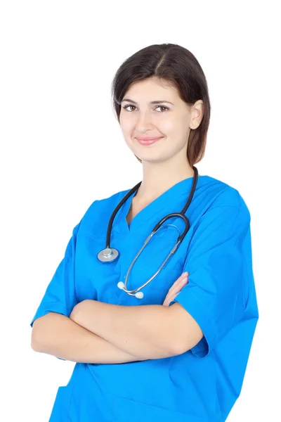 Felice infermiera carina in uniforme blu — Foto Stock