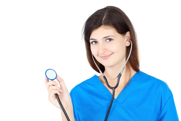 파란색 유니폼을 입고 행복 한 귀여운 간호사 — 스톡 사진