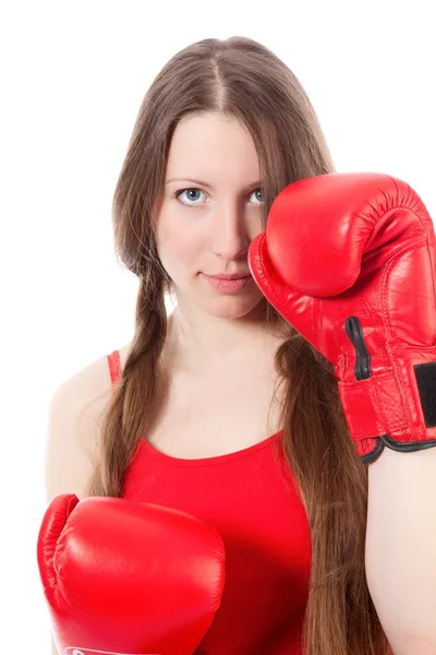 Vrouw dragen van bokshandschoenen — Stockfoto