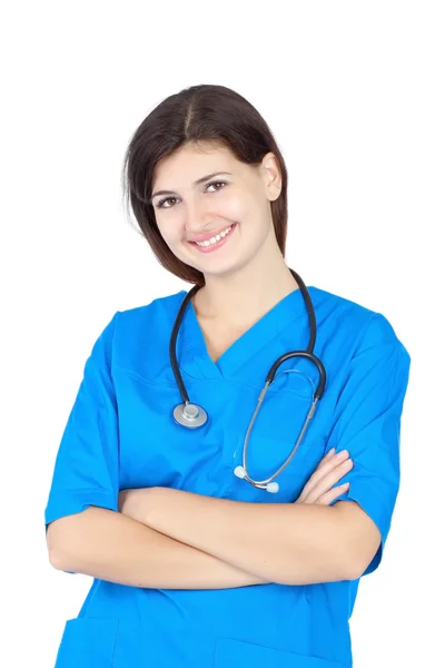 Zadowolony ładny pielęgniarka w niebieskim mundurze — Zdjęcie stockowe