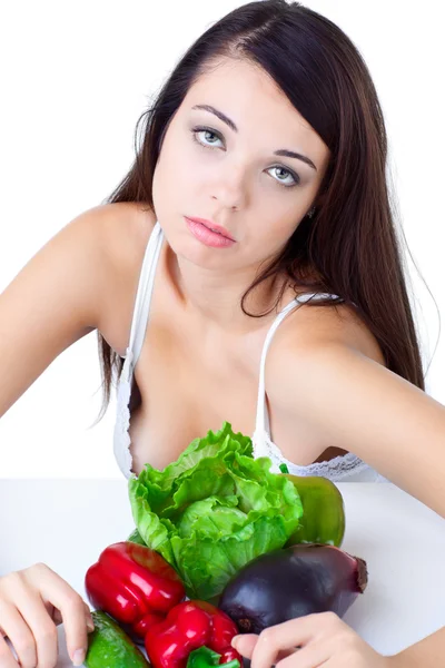 Junges Mädchen Mit Gemüse Auf Weißem Hintergrund — Stockfoto