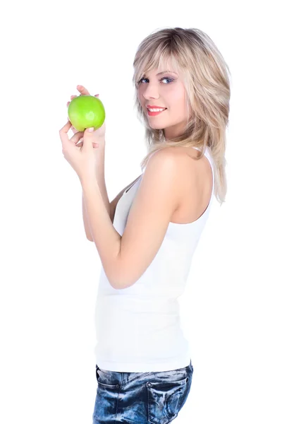 Jeune Fille Sur Fond Blanc Avec Pomme — Photo