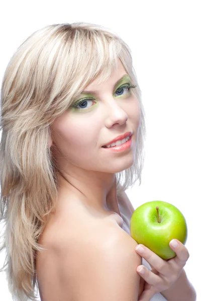 Όμορφη Γυναίκα Πάνω Από Λευκό Φόντο Μήλα — Φωτογραφία Αρχείου