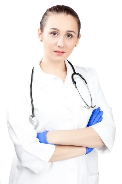 Ευτυχής Χαριτωμένο Νοσοκόμα Ομοιόμορφη Πάνω Από Λευκό Φόντο Μπλε — Φωτογραφία Αρχείου