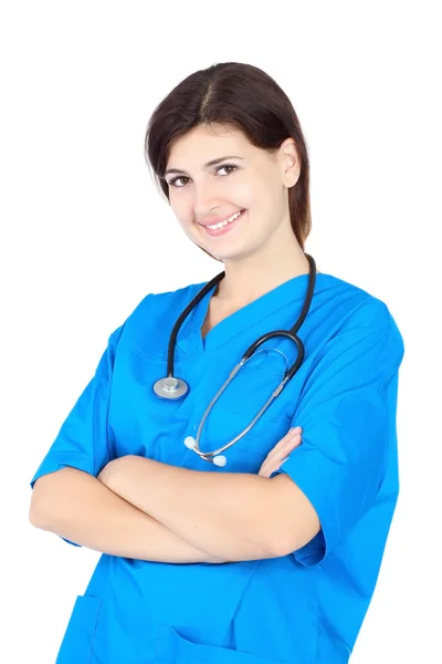 Zadowolony ładny pielęgniarka w niebieskim mundurze — Zdjęcie stockowe