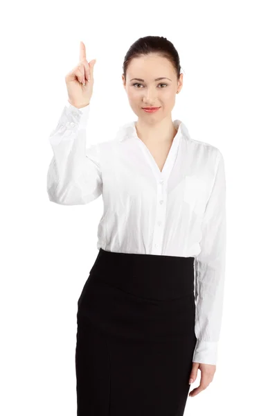 有魅力的金发女人在专业的商务西装侧身站着手臂交叉站在白 — 图库照片