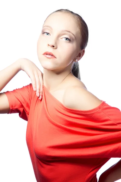 Krásná Žena Bílém Pozadí Červených Šatech — Stock fotografie