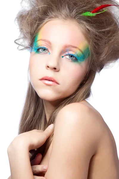 Belle Femme Avec Maquillage Couleur Sur Fond Blanc — Photo