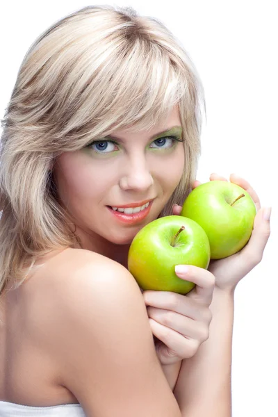 りんごと白い背景の上の美しい女性 — ストック写真
