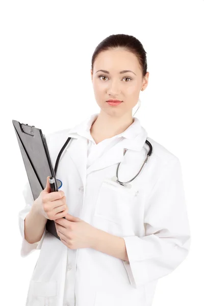 Ärztin Uniform Bleiben Über Weißem Hintergrund — Stockfoto