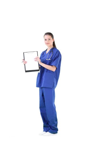 Kvinna Läkare Uniform Vit Bakgrund — Stockfoto
