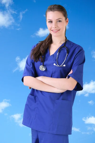 Kvinna Läkare Uniform Vit Bakgrund — Stockfoto