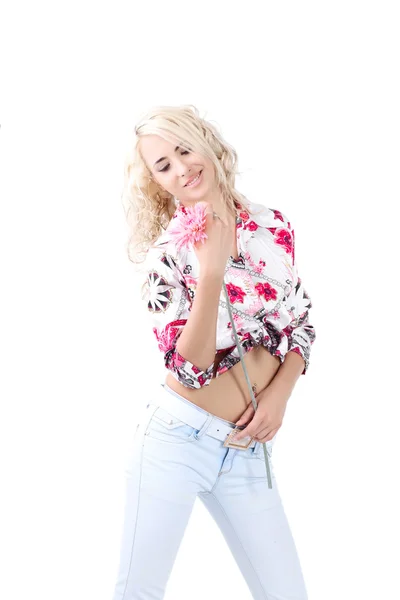 Blond Model Wearing Color Shirt White Background — Stock Photo, Image
