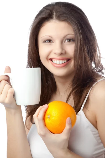 Mooie Jonge Vrouw Met Een Sinaasappel Close — Stockfoto
