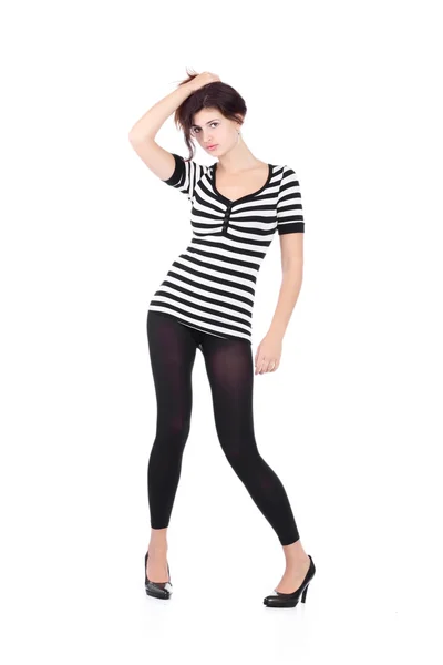 Beauty Girl Shirt Material White Stripes White Background — Stock Photo, Image