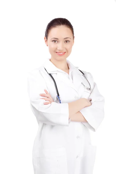 Ärztin Uniform Bleiben Über Weißem Hintergrund — Stockfoto