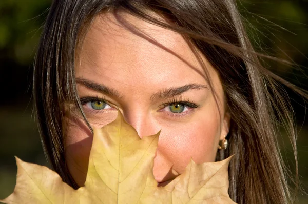 stock image Woman holding a maple leaf