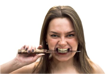 Woman with knife in his teeth clipart