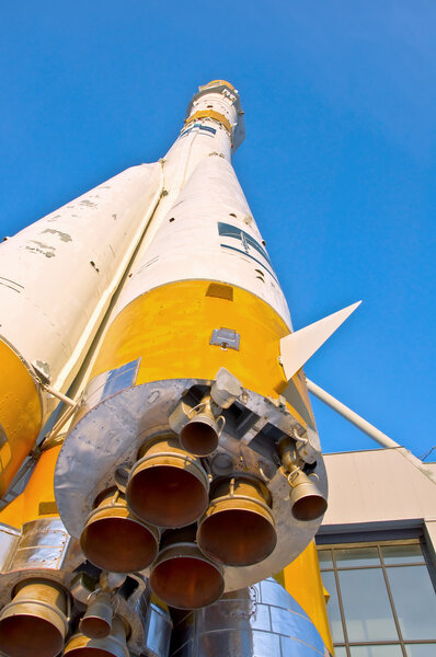 Russian Space Shuttle. Nozzles space rocket Soyuz. Close-up on a background of clear blue sky.