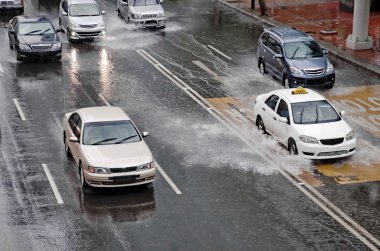 Car Driving On Flooded Street clipart