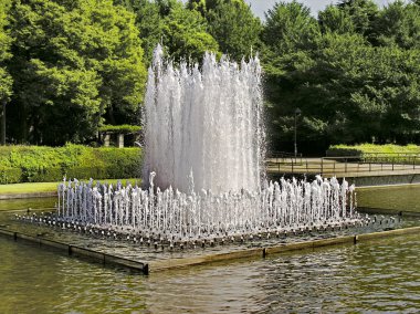 Water fountain in japanese public park in a middle of a pond clipart