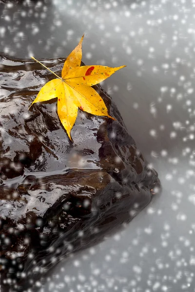 Acero della neve sulla pietra con il colore del fiume traccia — Foto Stock