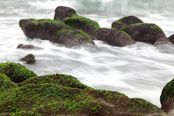 Rocky Seacoast lleno de algas verdes, exposición durante mucho tiempo, Taiwán, Asia Oriental —  Fotos de Stock