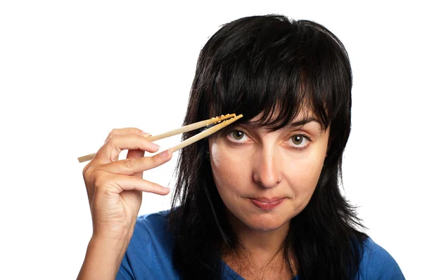 Woman with chopsticks — Stock Photo, Image