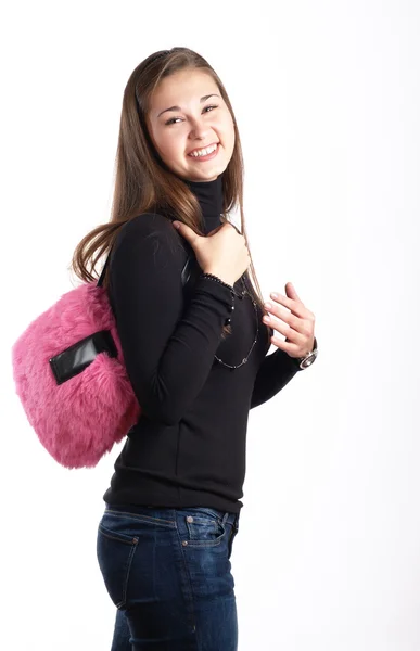 Meisje met roze handtas — Stockfoto
