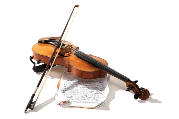 Vecchio violino, arco e note — Foto Stock