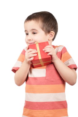 Little boy holds his gift clipart