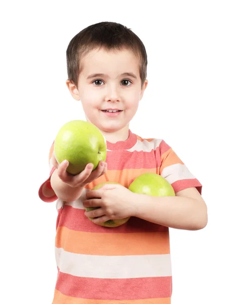 Sorridente ragazzo offre mela — Foto Stock