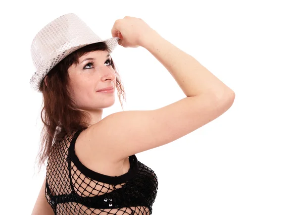 Retrato de mulher dançarina em chapéu disco — Fotografia de Stock