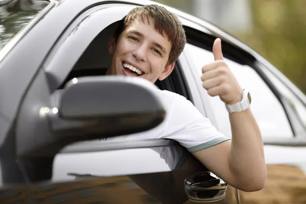 Teen Driver Good Mood Black Car Selective Focus Eyes — Stock Photo, Image
