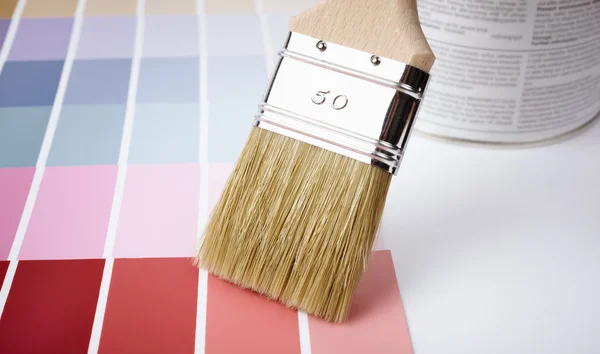 Paint Brush Can Color Samples Selective Focus — Stock Photo, Image