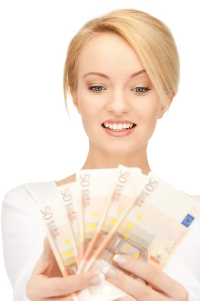 Mulher encantadora com dinheiro em euros — Fotografia de Stock