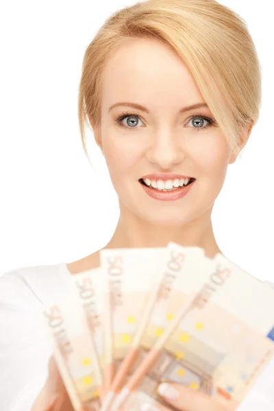 Bella donna con denaro contante in euro — Foto Stock