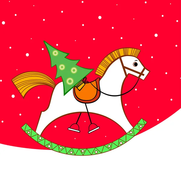 Biglietto di Natale. Cavallo a dondolo con albero di Natale — Vettoriale Stock
