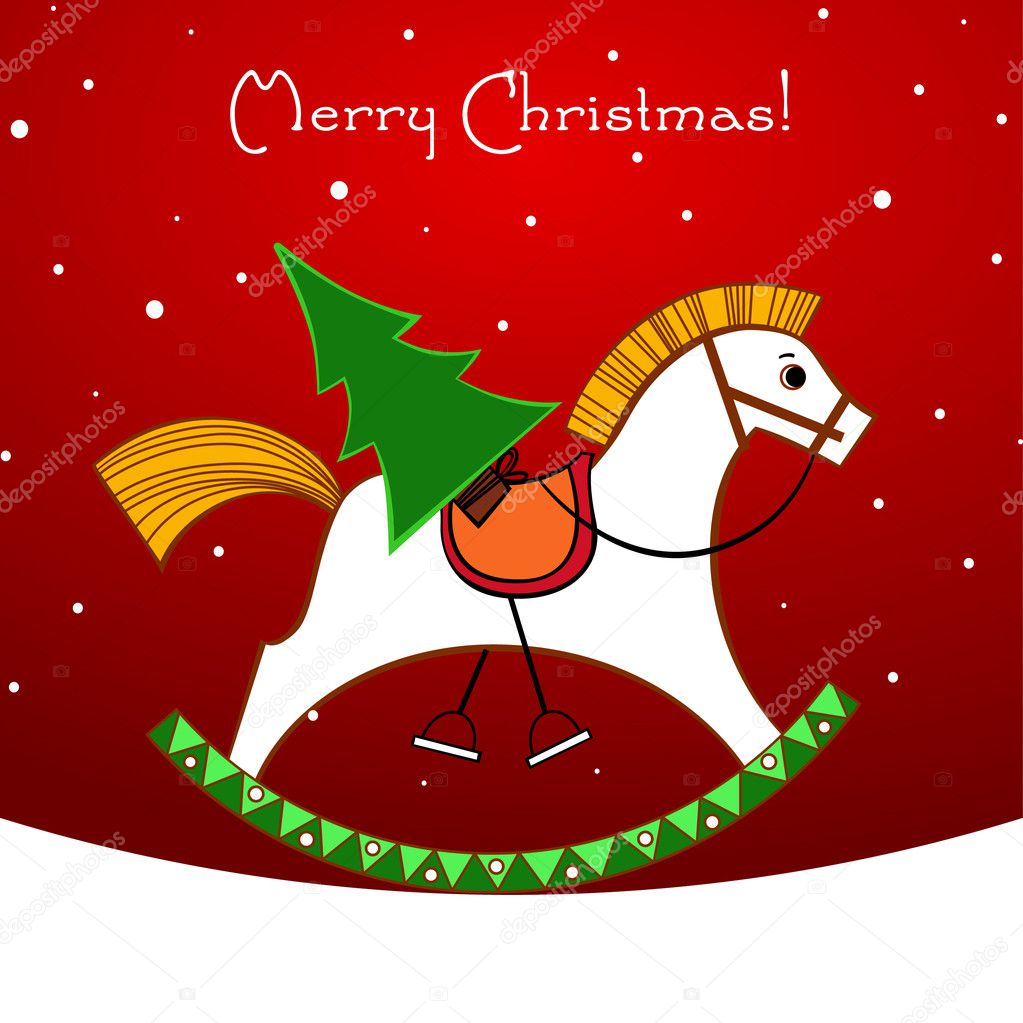 Christmas card. Rocking horse with a Christmas tree