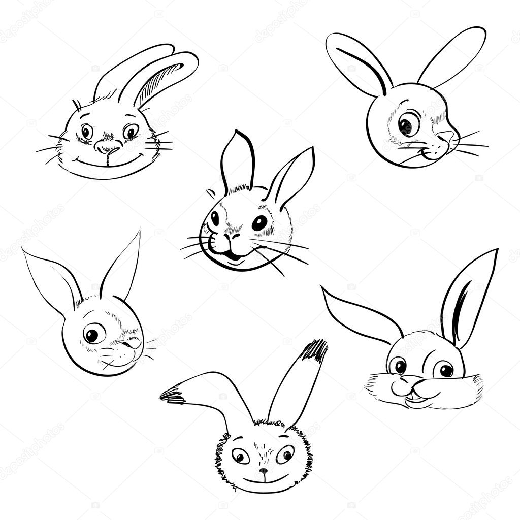 Rabbits heads icons and symbols for design isolated on white.