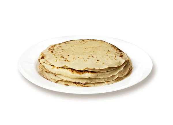 Yellow pancakes on a white plate — Stock Photo, Image