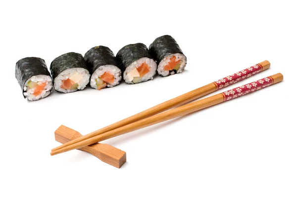 Sushi a hůlky na bílém pozadí — Stock fotografie